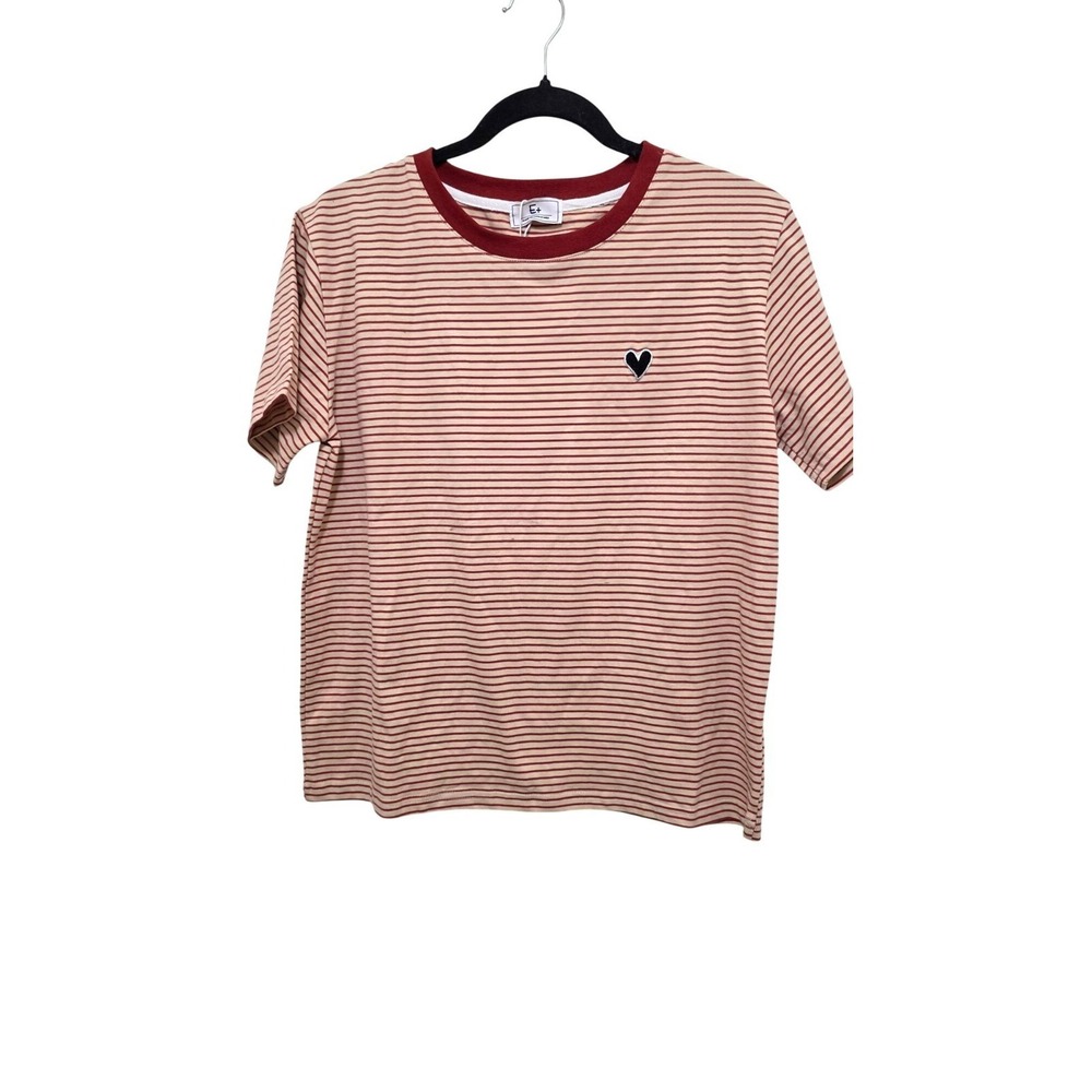 E+ Women's Red & White Striped Ringer Tee Black Heart Design Size‎ M
